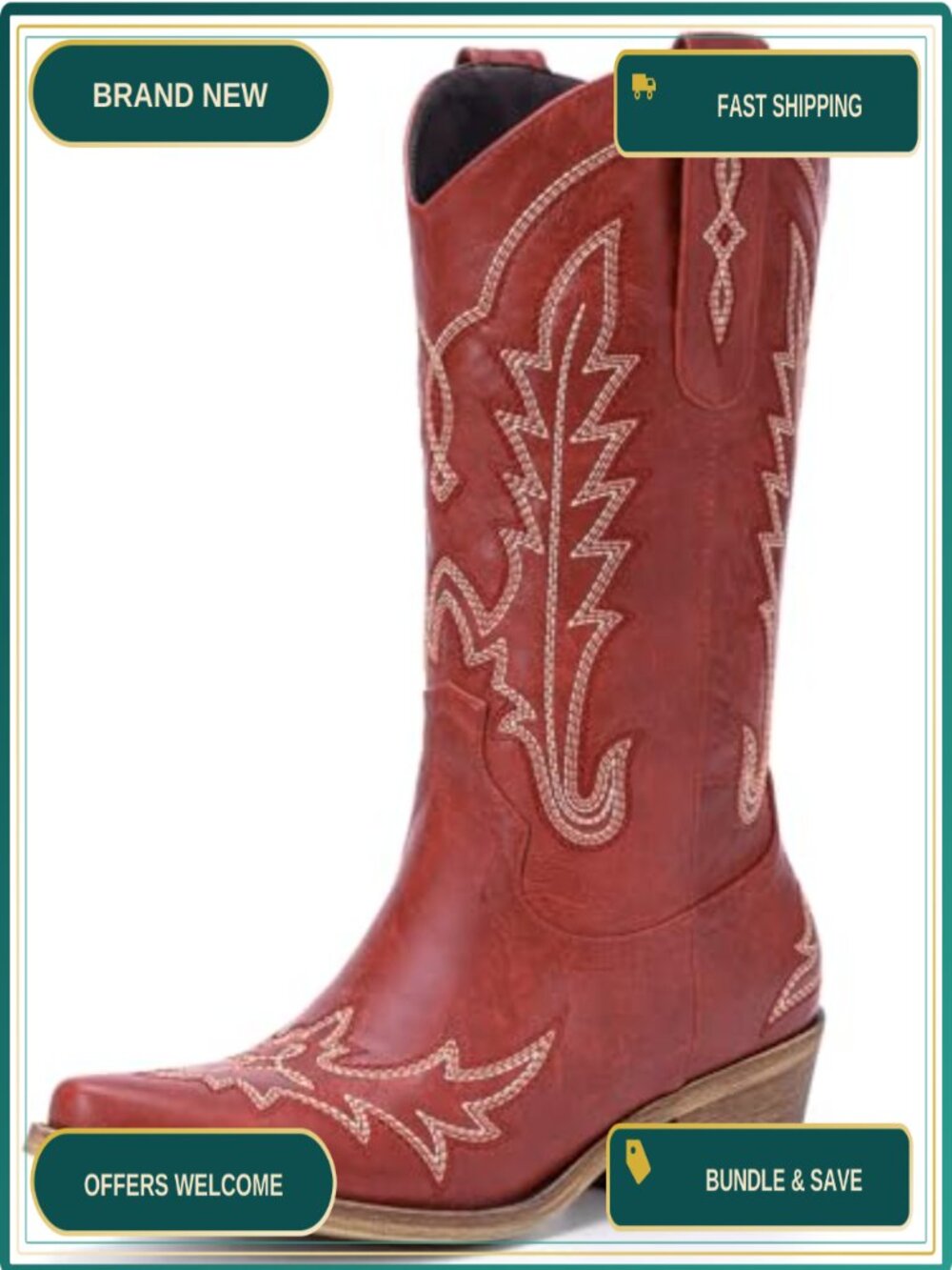 Women's Cowgirl Mid Calf Boots Embroidery Chunky Heel Pointed Toe Pull On